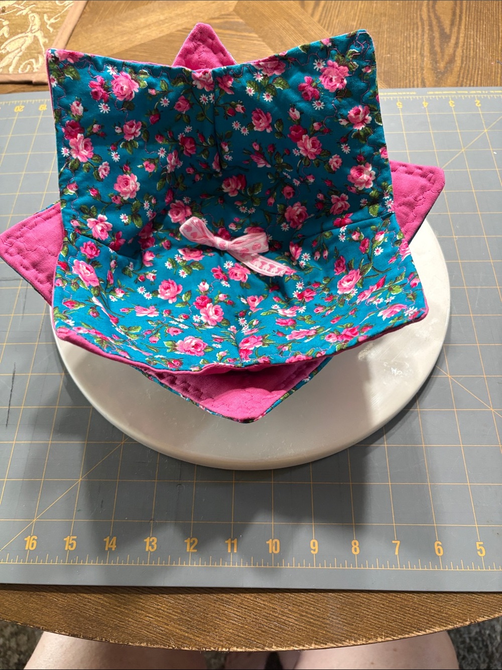 Set of 2Hand Crafted Teal Floral Reversible Fabric Bowl cozies with Pink Accents